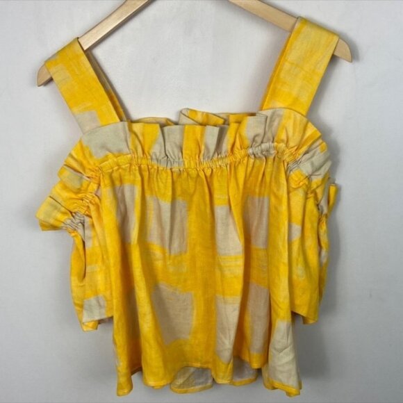 Anthropologie Whit Yellow Mariposa Top 100% Linen Size Large Gingham‎ Bohemian L - Picture 7 of 12